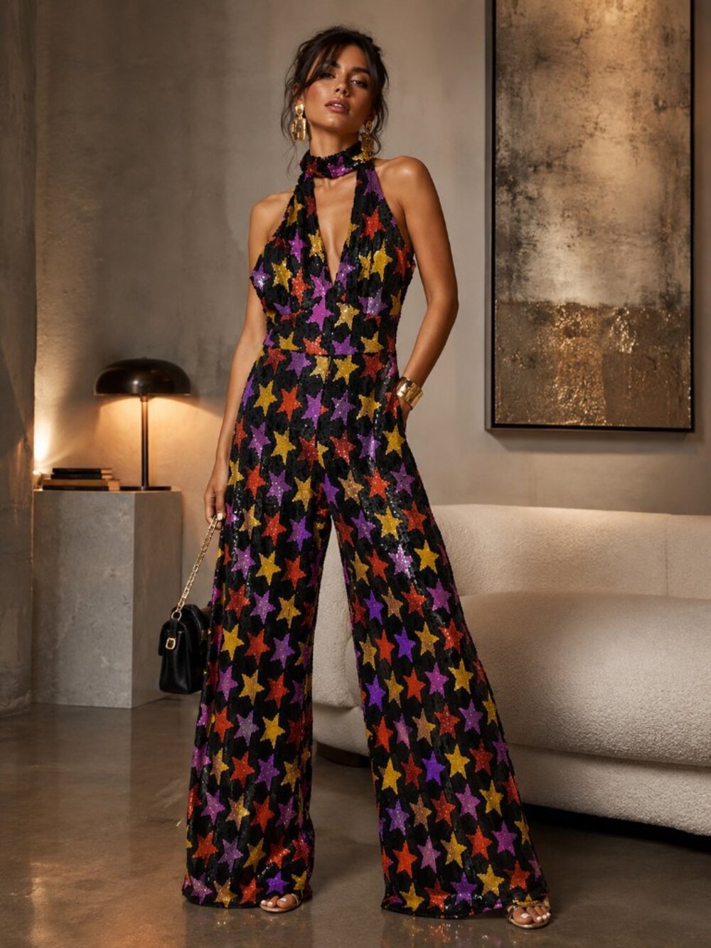 Smak Parlour Sequin Halter Jumpsuit | Open Back | Size Large | Retro Disco Glam
